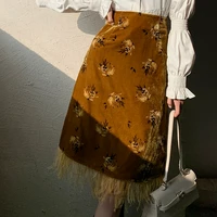 temperament lady flower embroidery printing fringe stitching skirt winter faldas mujer moda retro velvet fashion elegant skirt
