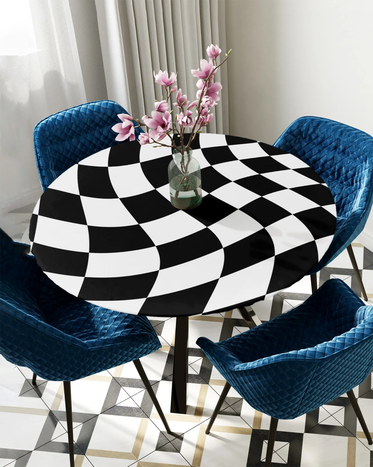 Checkered Black And White Color Block Tablecloth Round Elastic Edge Table Cloth Home Kitchen Decor Waterproof Table Cover