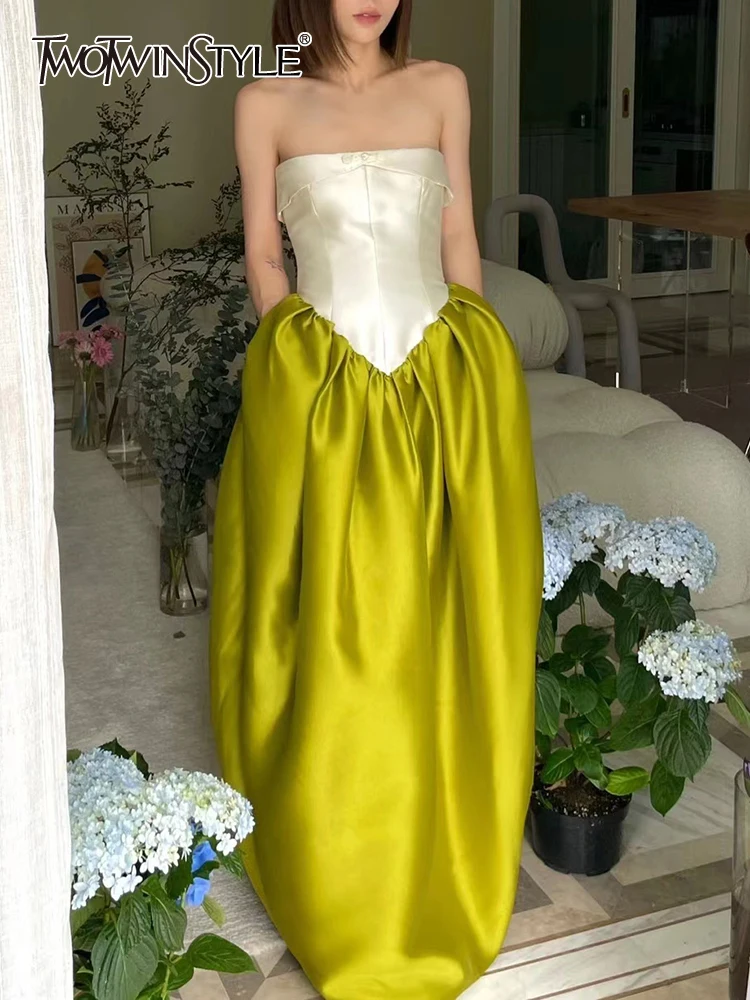 

TWOTWINSTYLE Vintage Patchwork Colorblock Dress For Women Strapless High Waist Loose Long Dresses Female Summer Clothing Fashion