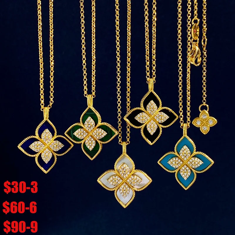

Classic Clover Necklace For Women Full Diamond Princess Flower White Fritillary Black Onyx Collarbone Neck Necklace Wholesale