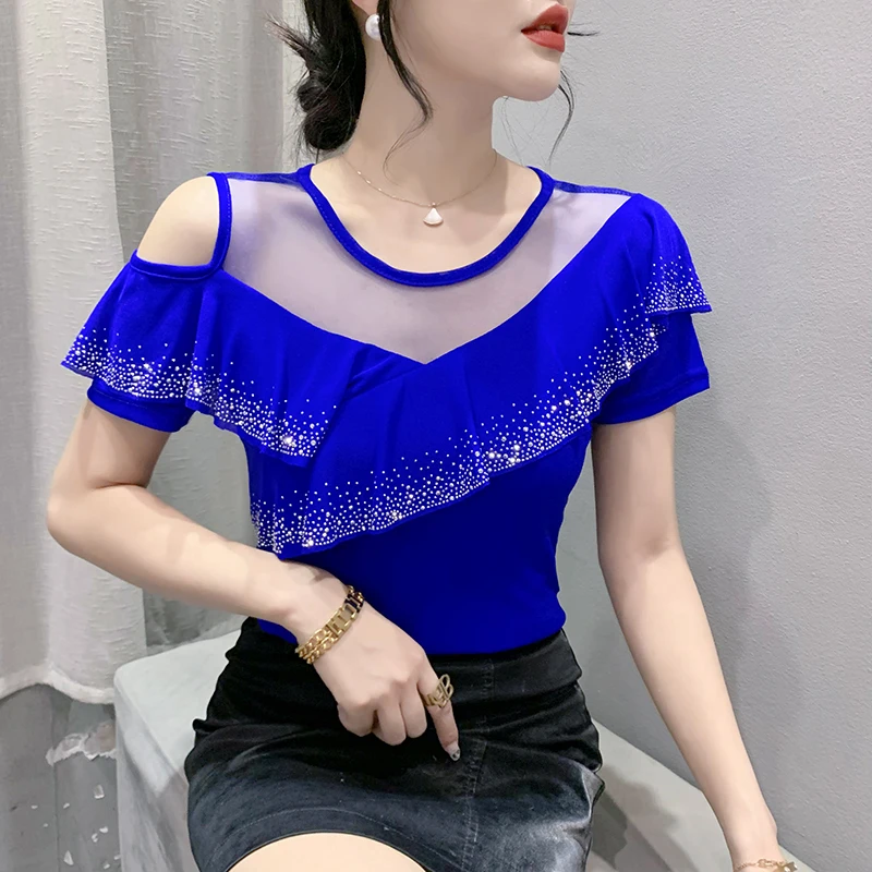 

Новая летняя женская футболка с коротким рукавом, модный топ с открытыми плечами и оборками из сетчатого материала, блузы, женская футболка, одежда