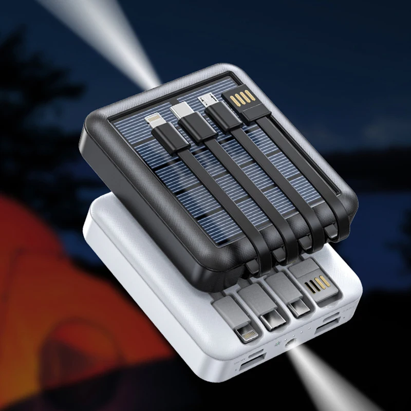 20000mah mini solar power bank portable fast charger built in 4 cables powerbank external battery pack poverbank for all phones free global shipping