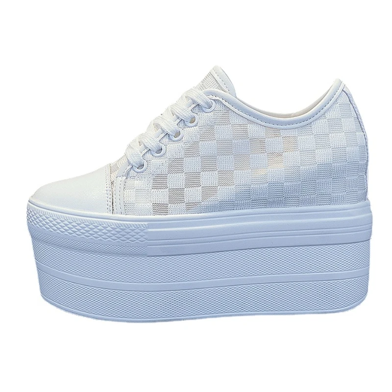 

10.5cm Air Mesh Breathable Women Shoes Platform Sneakers Wedge Hidden Heel Genuine Leather Shoes for Female White Shoes