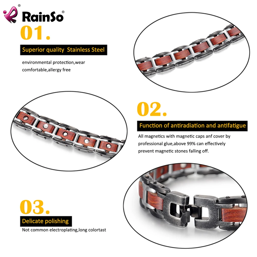Rainso Stainless Steel Bangle Bracelet Homme For Wooden  Man Bracelet Healthy Care Magnetic Bracelet Viking Gifts  For Male