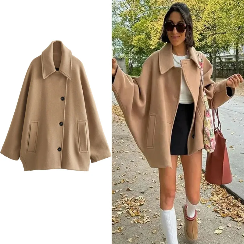 

TRAF Women Wool Blend Coat Vintage Lapel Cape Sleeves Coat Fashion Oversized Button Coat Autumn Winter Chic Outdoor Outerwear