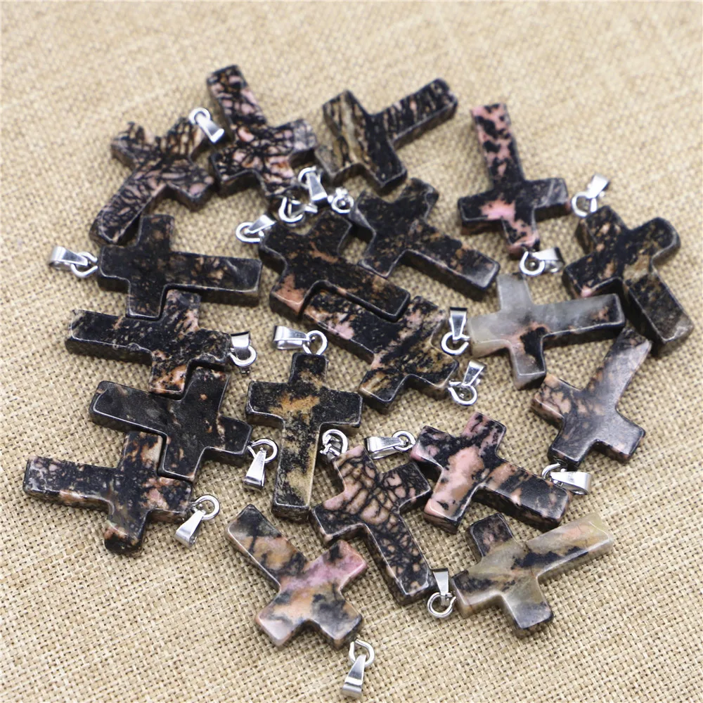 

Подвеска из натурального родонита с крестом Иисуса Христа, религиозные шармы, горки для модных украшений, ожерелий, 24 шт., оптовая продажа