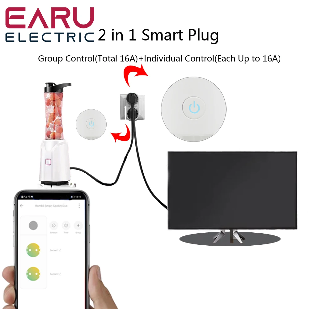 2 In 1 TUYA 16A EU Smart Wifi Power Plug Energy Monitor Timer House Wireless Dual Socket Outlet Alexa Google Home |