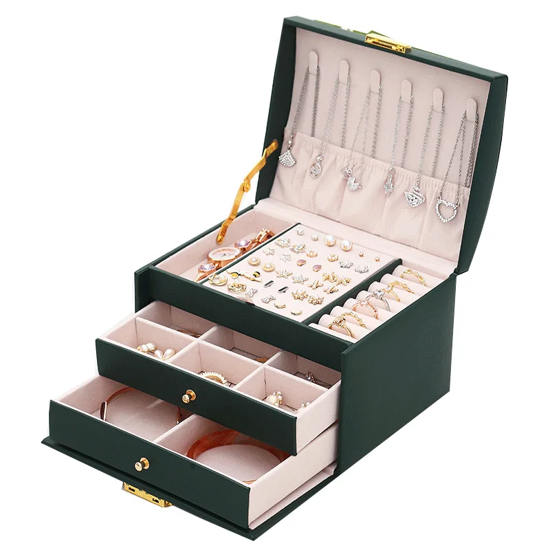 Multi-functional Three-layer Leather Drawer-style Jewelry Box Earrings Earrings Lock Jewelry Box