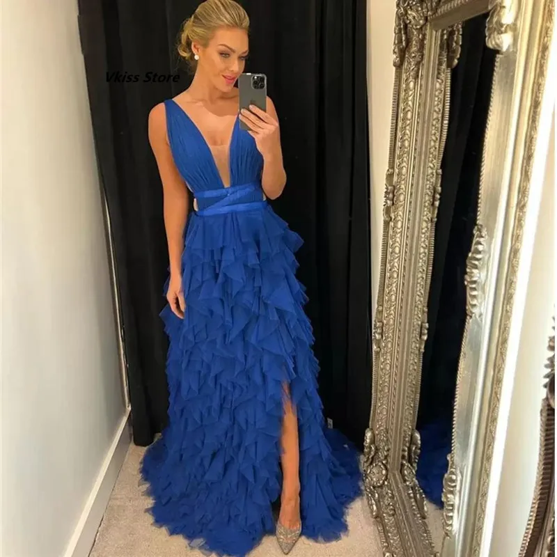 

Modest Tiered Ruffles Evening Dresses Blue Side Slit Boho Prom Dress Formal Party Gowns Bandage A Line Females Robe De Soiree