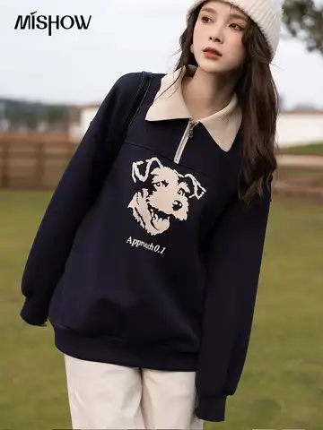 MISHOW Retro Hoodies Women Autumn 2022 Zipper Polo Collar Pullover Long Sleeve Printed Sweatshirts Casual Female Tops MXB36V0160