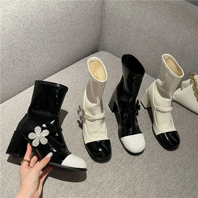 

Женские ботильоны с круглым носком, черные, Бежевые ботинки-носки без застежек, на Высоком толстом каблуке