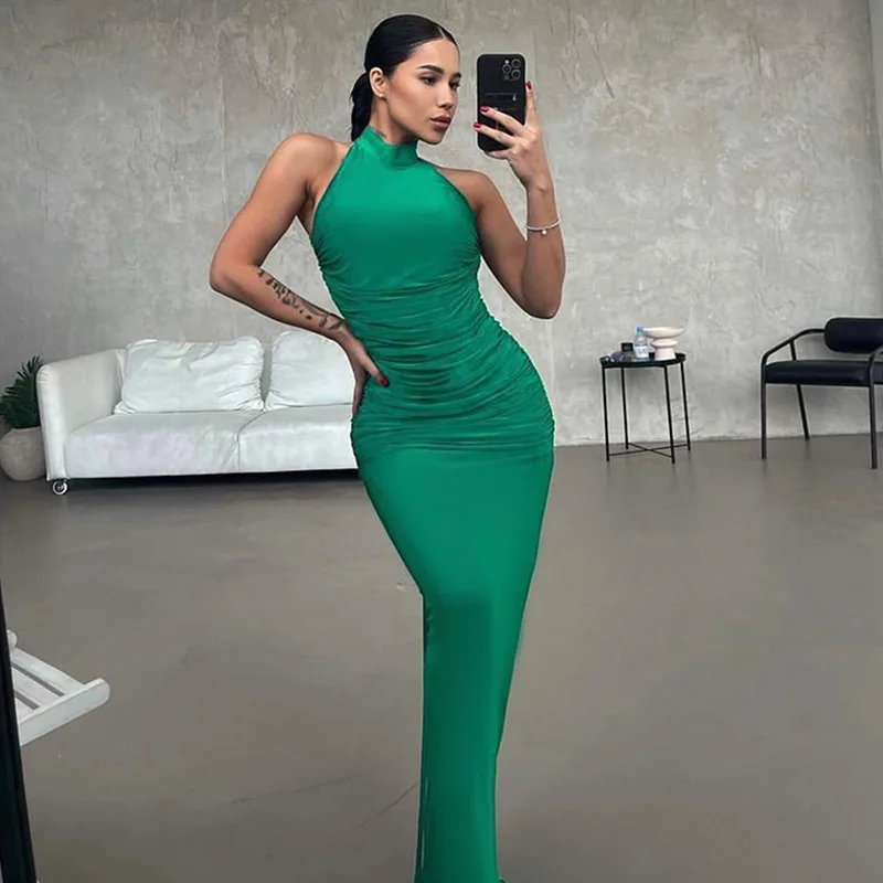 

Европейское и американское темпераментное Плиссированное пикантное платье с открытой спиной на лямках с закрытой талией и сумочкой на ягодицах