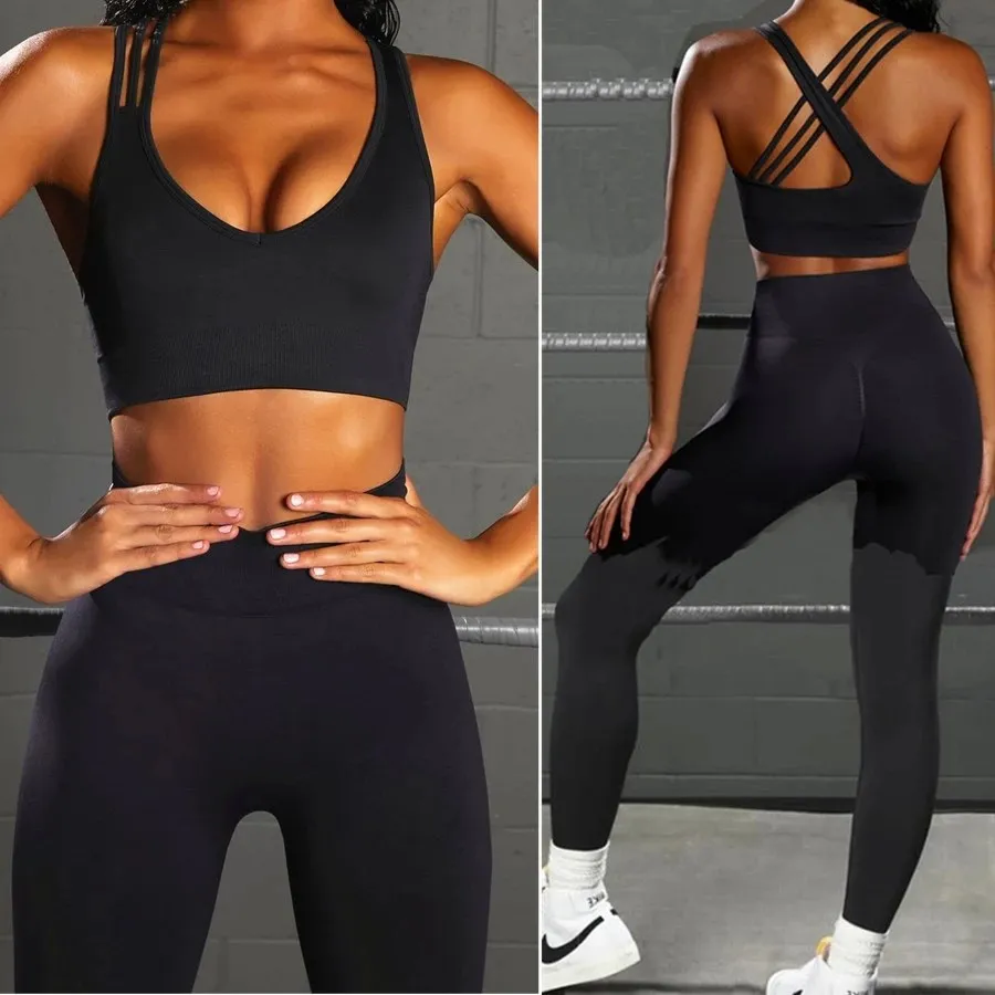 

Yoga Bra Leggings Sets Womens Cross Strap Sports Bra Seamless Sportswear Suits Quick Dry Female Fitness Workout Outfit Suits
