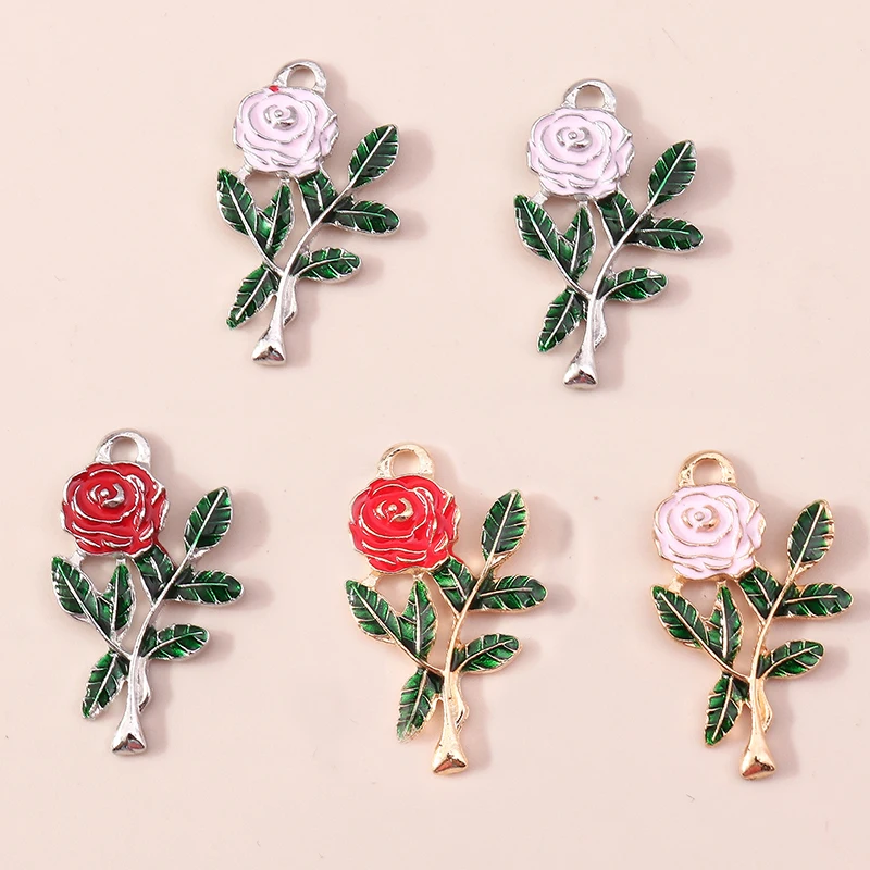 

10pcs 18*31mm Enamel Beautiful Pink Red Rose Flower Charms for Earrings Necklaces Pendants DIY Handmade Jewelry Making Finding