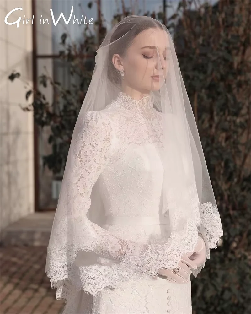 Винтажные кружевные свадебные платья трапециевидной формы с длинными рукавами и
