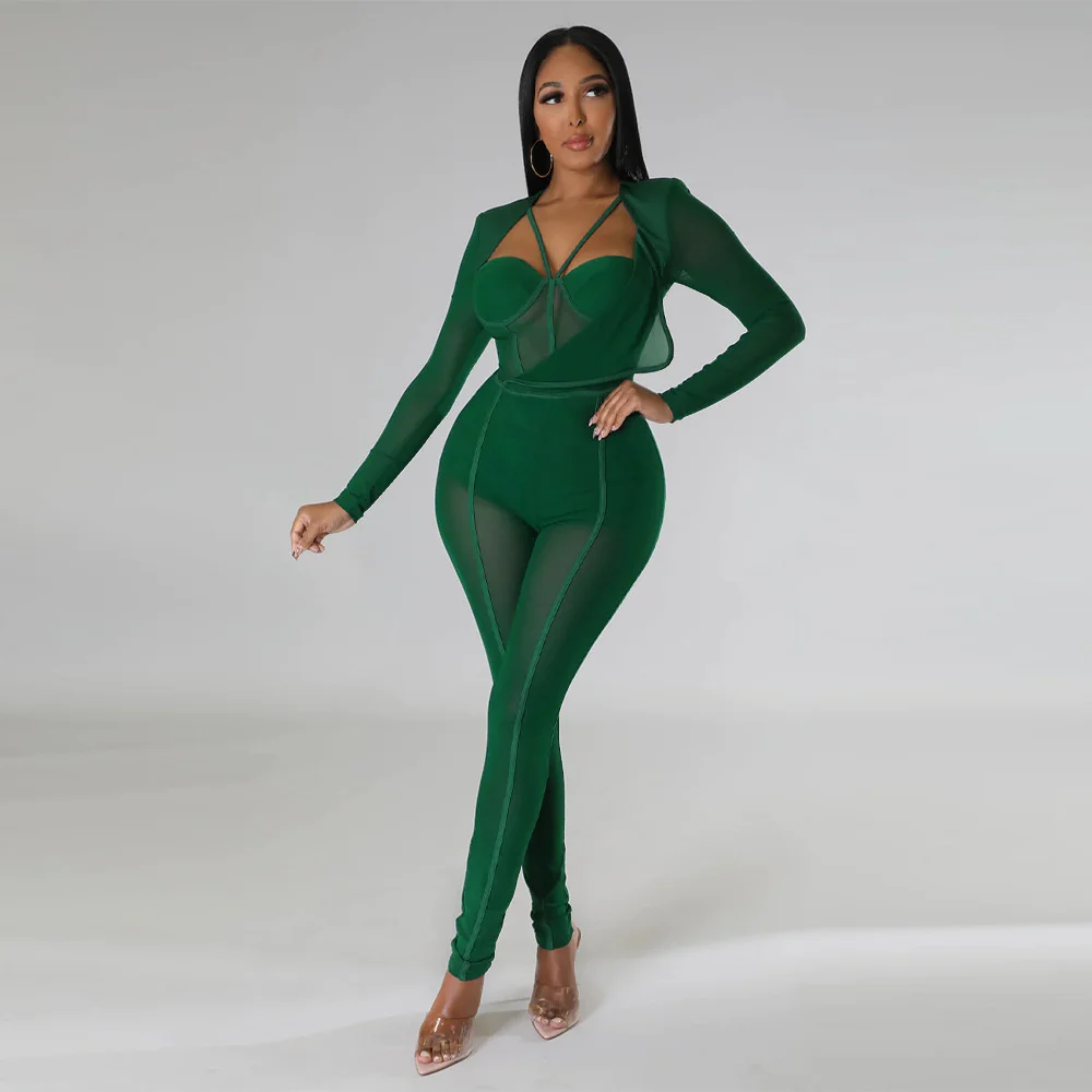 365 Solid Color Sexy Perspective Nightclub Pants V-Neck Bodysuit Women