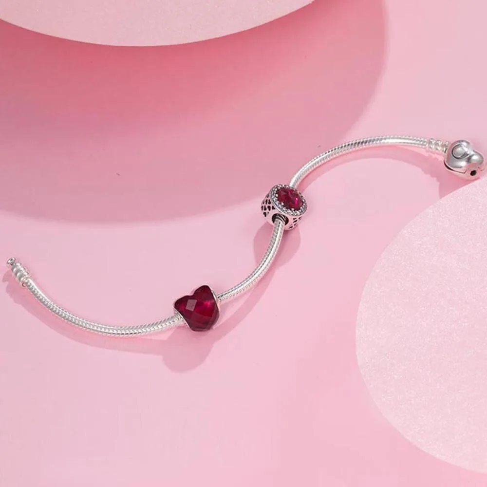 

2020 100% 925 Sterling Silver Purple Red Shiny Heart Creative DIY Beaded Bracelet Send Girlfriend Gift PDL0371 Valentine's Day