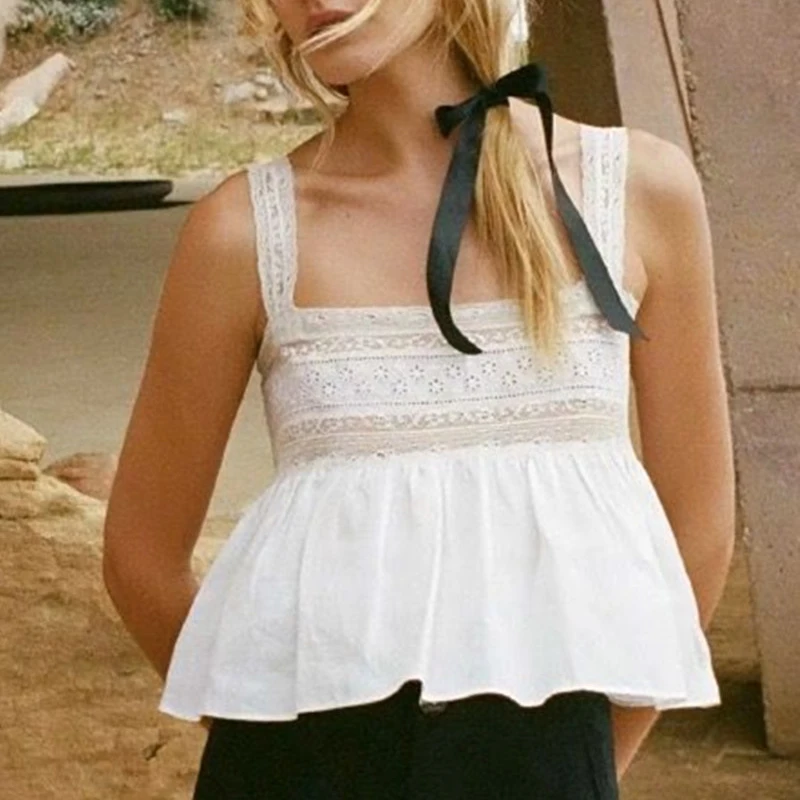 

Lace Stitching Women Cropped White Camisole Sweet Camis Hem Ruffles Female Sling Tops 2022 new