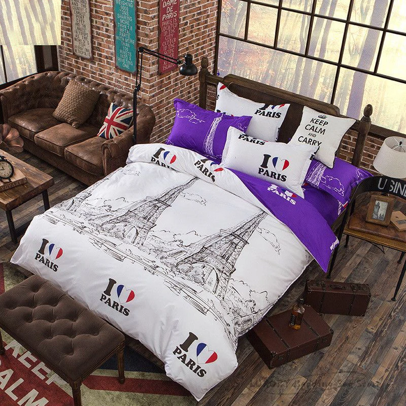 

Duvet Cover Purple White I Love Paris Flag Tower Double-sided Printing Kids and Adults Bedding Set Single Double Room Decor