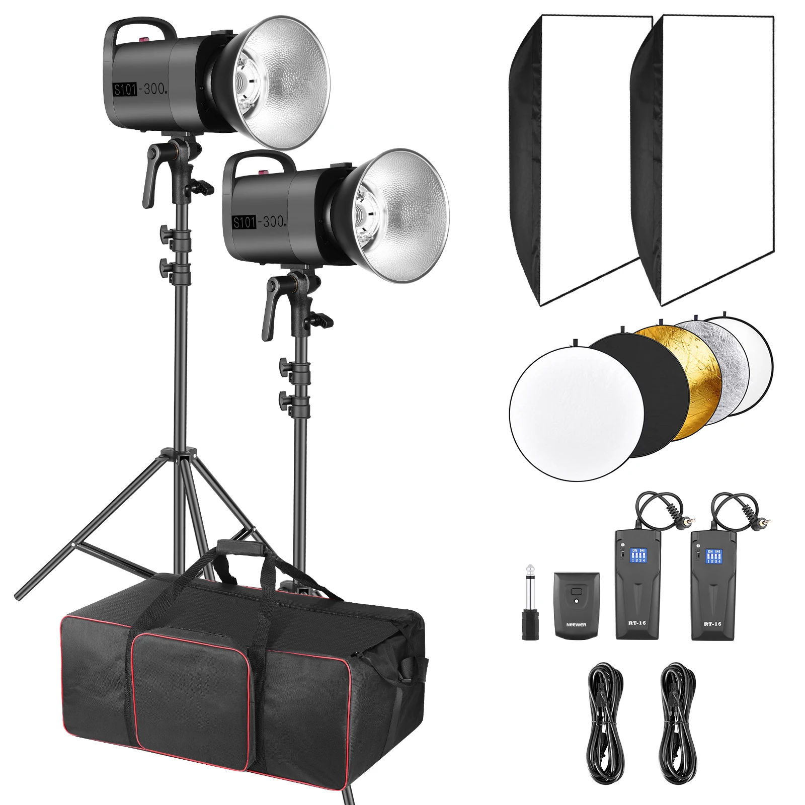 

Neewer 600W Studio Strobe Flash Lighting Kit:S101 300W 5600K Monolights with Bowens Mount, Softbox, RT-16 Trigger, Light Stands