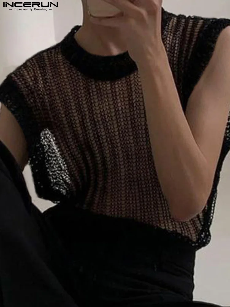 

INCERUN Fashion Men Tank Tops Mesh Transparent Round Neck Sleeveless Streetwear Sexy 2022 Vests Summer Party Men Clothing S-5XL