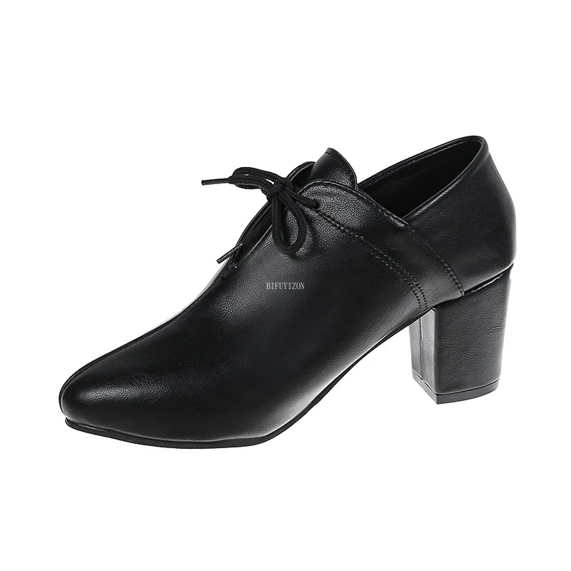 

High Heels 2022 Spring New Pointed Small Leather Shoes Female British Style Retro Thick Heel Lace Large Size High Heels Female