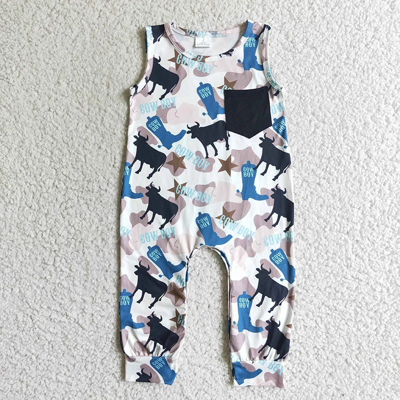 Baby Boy Western Cow Romper Summer Sleeveless Bull Pocket Bodysuit Clothing Snap Botton Jumpsuit Kids Toddler One-piece Clothes