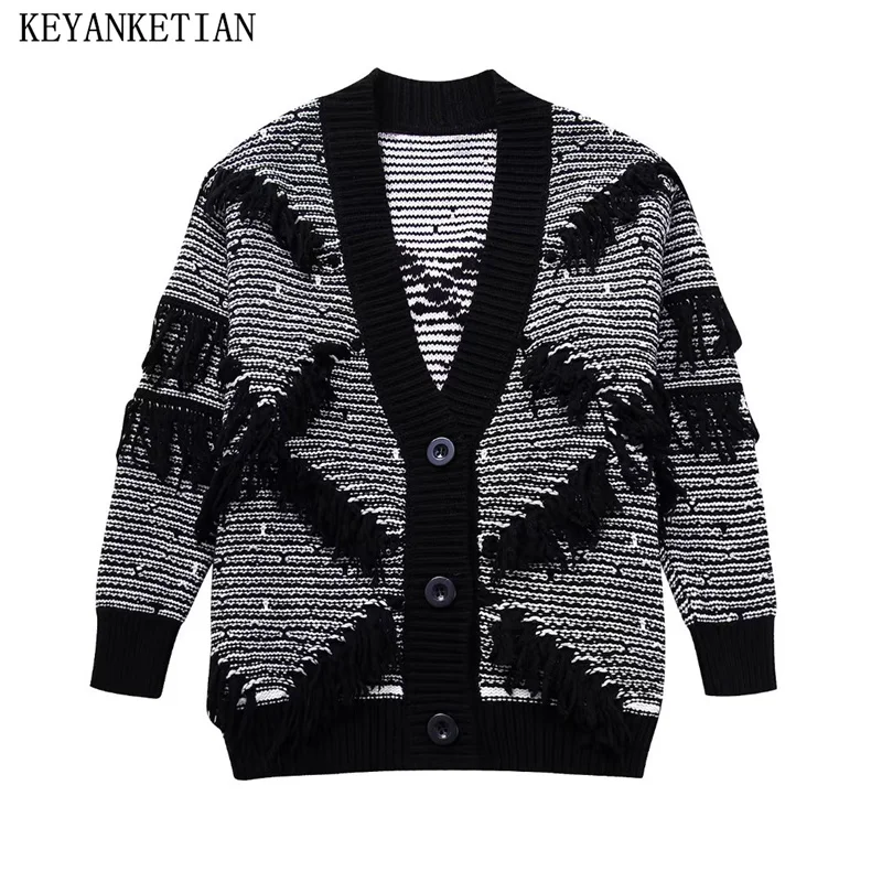 

Женский трикотажный кардиган KEYANKETIAN, однобортный плотный теплый жаккардовый кардиган в полоску с бахромой и V-образным вырезом, Осень-зима