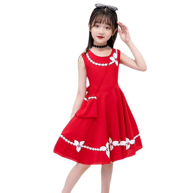 

Kids Summer Clothing For Girls Sleeveless Chiffon Flowers Costumes Sweet Dres Little Teenagers Princess Red Birthday Party Dress