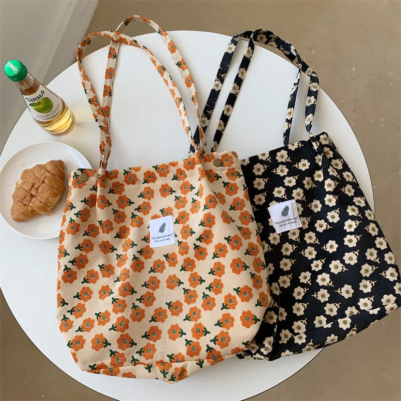 

Bags for Women 2023 Corduroy Snap Button Shoulder Bag Large Capacity Reusable Shopping Bag Literary Buckle Tote Female Handbags