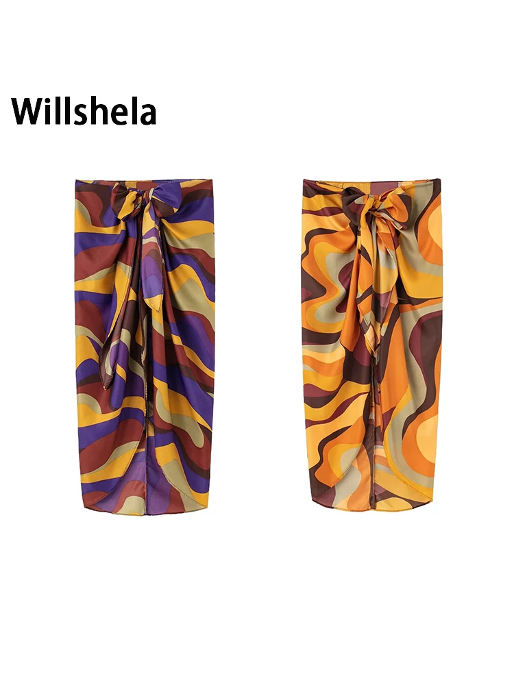 

Willshela Women Fashion With Bow Printed Pleated Front Slit Midi Skirts Vintage High Waist Female Chic Lady Skirts