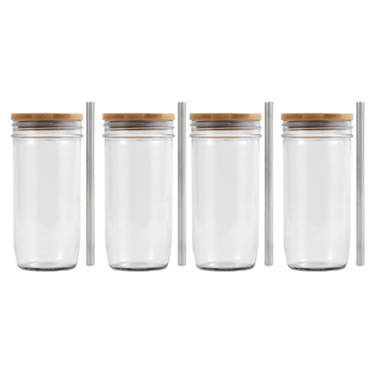 

Стеклянная Бутылка 24 унции, стеклянная кружка-стакан с бамбуковой крышкой и соломинкой, каменная банка с широким горлышком для смузи, сока, чая, холодного кофе