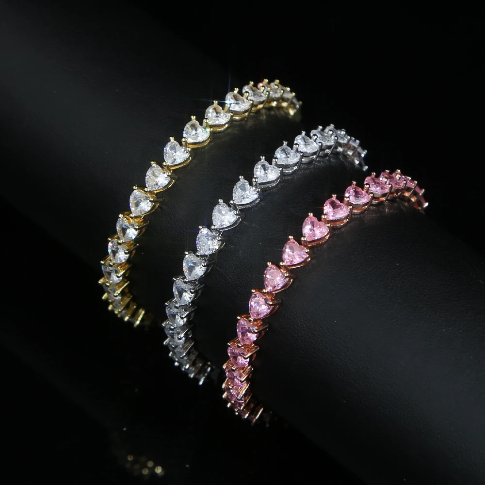 2023 Hip Hop Iced Out Bling White Pink Cubic Zircon Heart Shape Tennis Chain Bracelets Bangle Women Mens Punk Party Jewelry Gift