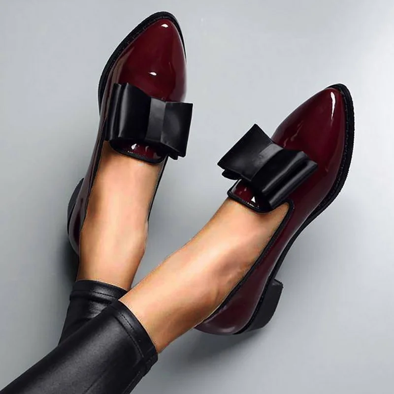 BKQU Spring Autumn Women Shoes Bowtie Loafers Patent Leather Women's Low Heels Slip On Footwear Female Pointed Toe Thick Heel