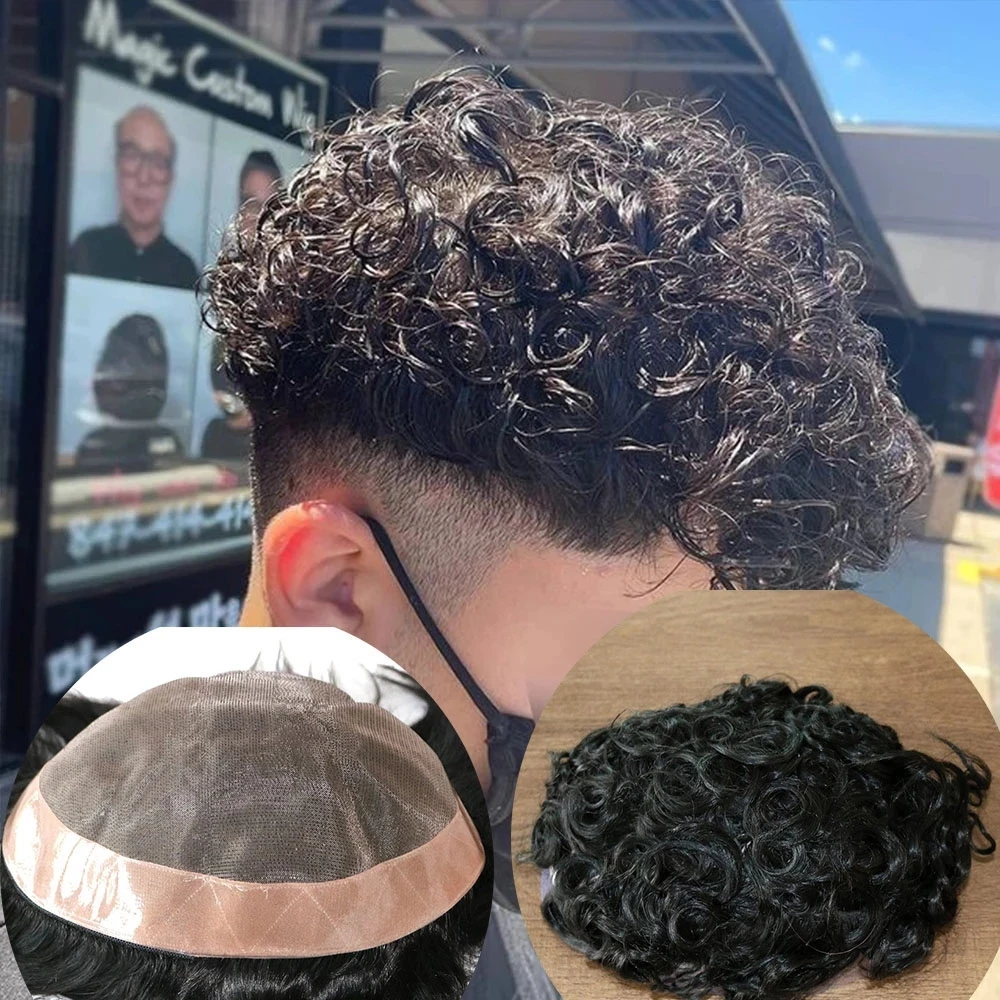 20mm Curly Human Hair For Men Fine Mono Lace Base Transparent Replacement System Toupee Men Capillary Prosthesis Men's Wig