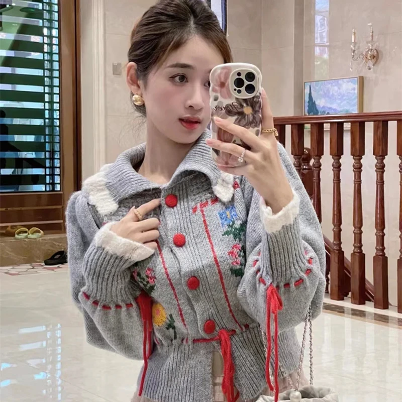 

Женский однобортный свитер с отложным воротником и длинным рукавом, вязаное крючком пальто, Осень-зима