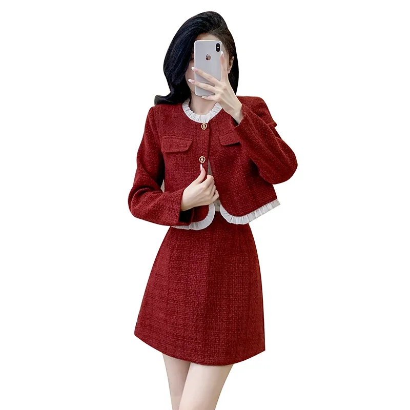 Новый осенне-зимний женский элегантный твидовый костюм с короткой юбкой модная