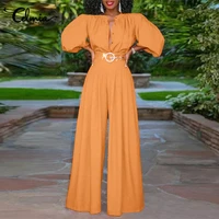 elegant long jumpsuits women 34 sleeve vintage high waist wide leg rompers casual pleated party overalls loose pants no belted