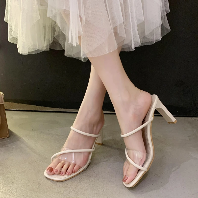 

High Heel Slippers Summer Women Sandals 2022 New Outdoor Square Toe Chunky Heel Modern Shoes Fashion Korean Version With Skirt