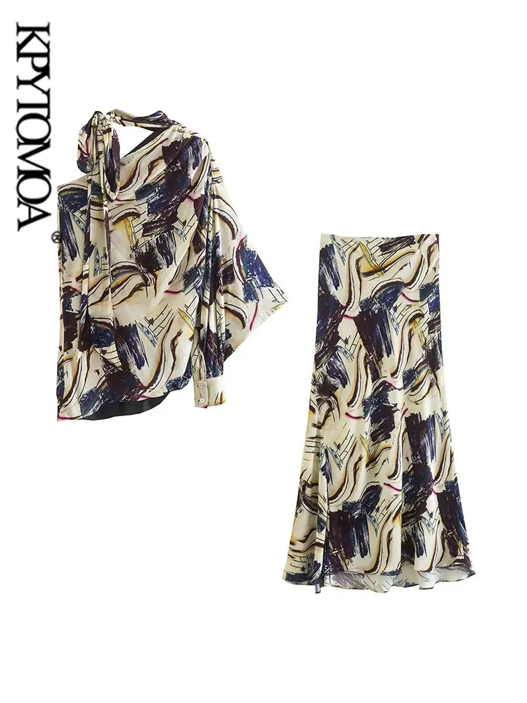 

KPYTOMOA Женская мода на одно плечо с принтом Асимметричная блузка и высокая талия боковая молния миди юбка женские комплекты из двух частей Mujer