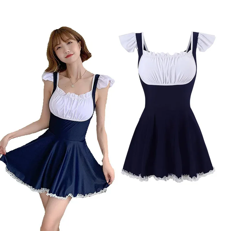 Фото JK Girls Maid Style Лолита цельный купальный купальник платье женские летние милые рюши без рукавов с открытой спиной купальники костюмы №1