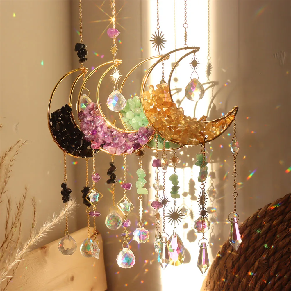 

Crystal Wind Chime Moon Natural Stone Prisms Pendants Dream Catcher Rainbow Chaser Hanging Drop Home Garden Decorations