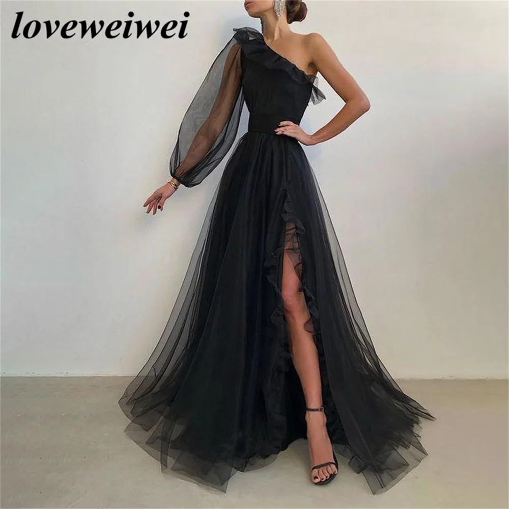 

Черные вечерние платья One Sholder, очаровательное элегантное Тюлевое платье для выпускного вечера с высоким разрезом, вечерние платья, Индивидуальный размер