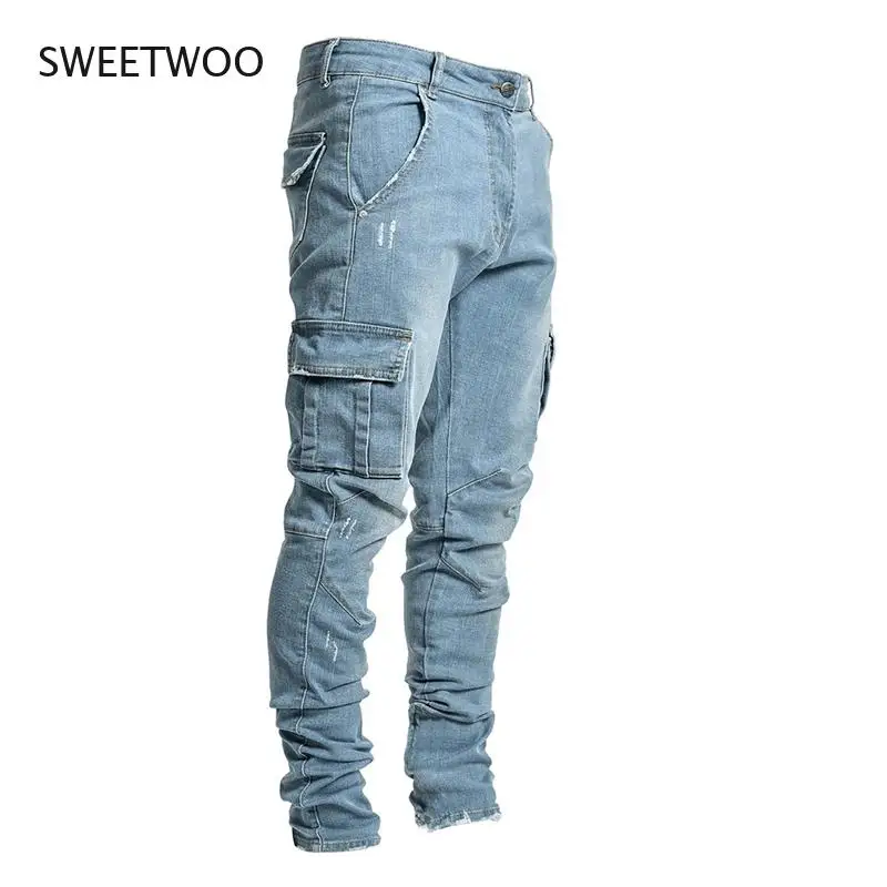 Jeans Men Pants Casual Cotton Denim Trousers Multi Pocket Cargo Jeans Men New Fashion Denim Pencil Pants Side Pockets Cargo