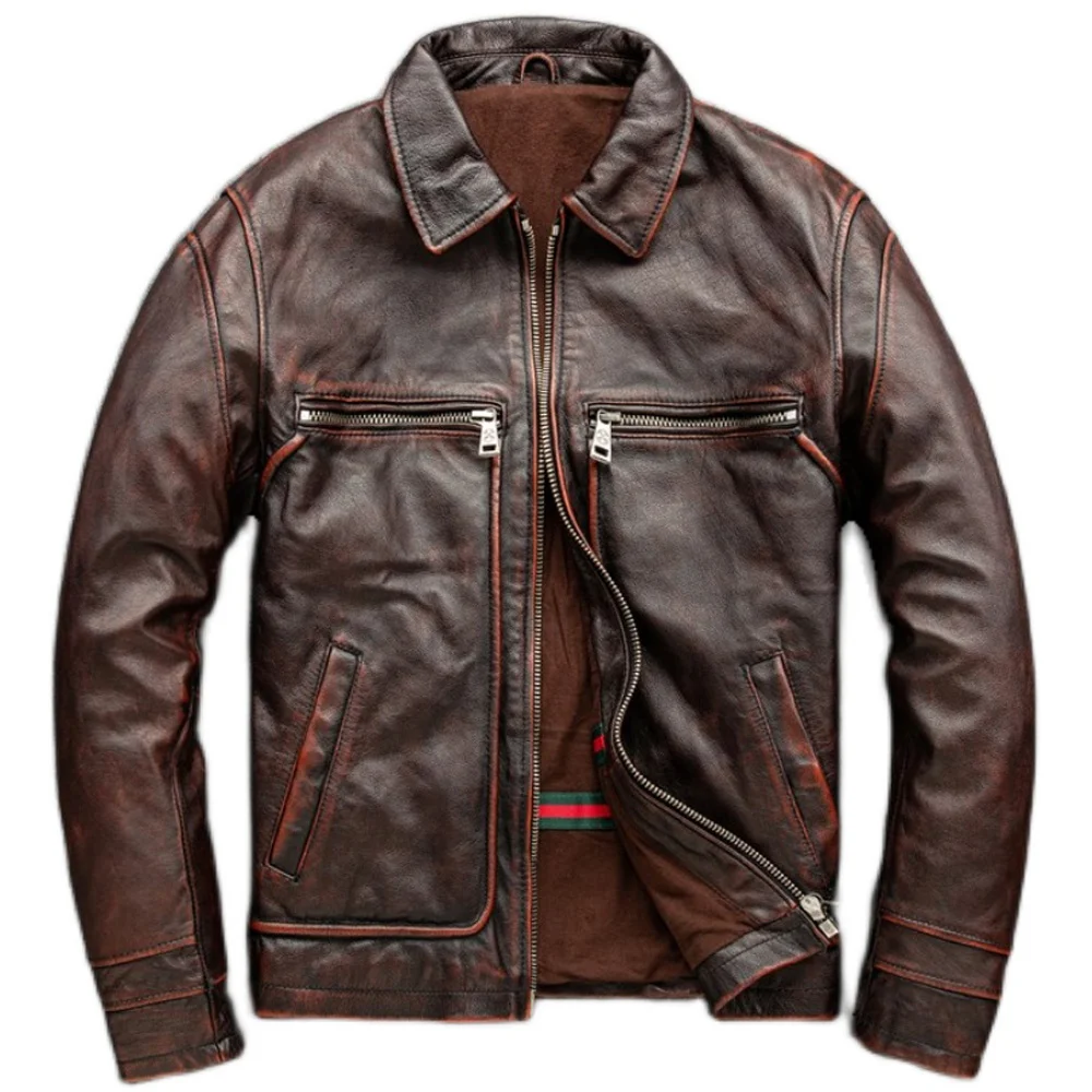 

Винтажная Стильная мужская зимняя байкерская куртка, модное коричневое кожаное приталенное пальто из воловьей кожи для мужчин