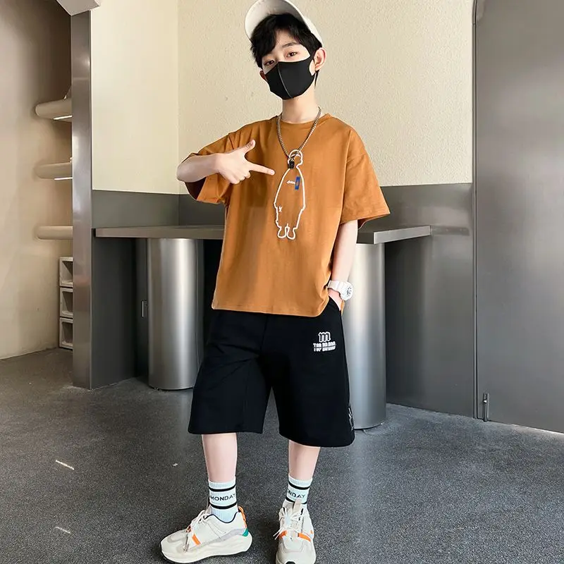 

2023 Summer 2pcs Boys Suit Kids Short Sleeve T-shirt +Shorts 2piece Set teen Boy Loose Sportswear Casual Outfits Set with Pants