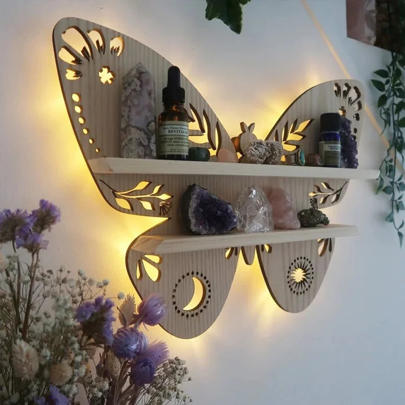 

Butterfly Wooden Shelf Crystal Essential Oil Storage Rack Wall Display Home Decor Wall Mount Living Room Jewelry Organizer Shelf