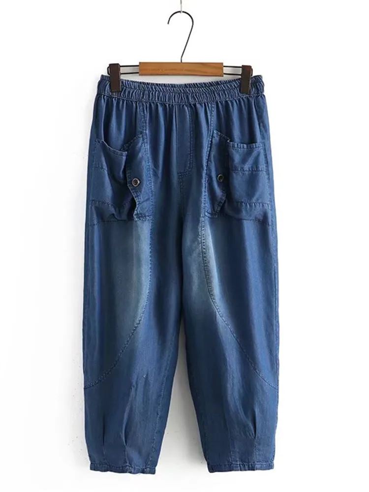 Женская одежда летняя джинсы с эластичным поясом большие карманы по бокам очень