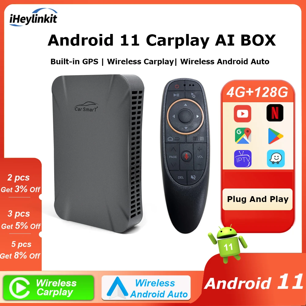 2022 Android 11 Carplay Ai Box Wireless Android Auto 4+64G Car Multimedia for Apple Carplay Ford Hyundai Honda Nissan Kia Toyota
