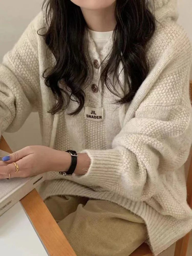 Deeptow Harajuku однотонный корейский модный винтажный свитер с капюшоном для женщин